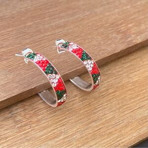 925 Sterling Silver Half Hoop Green White Red Earrings  Aretes Plata Arrancadas